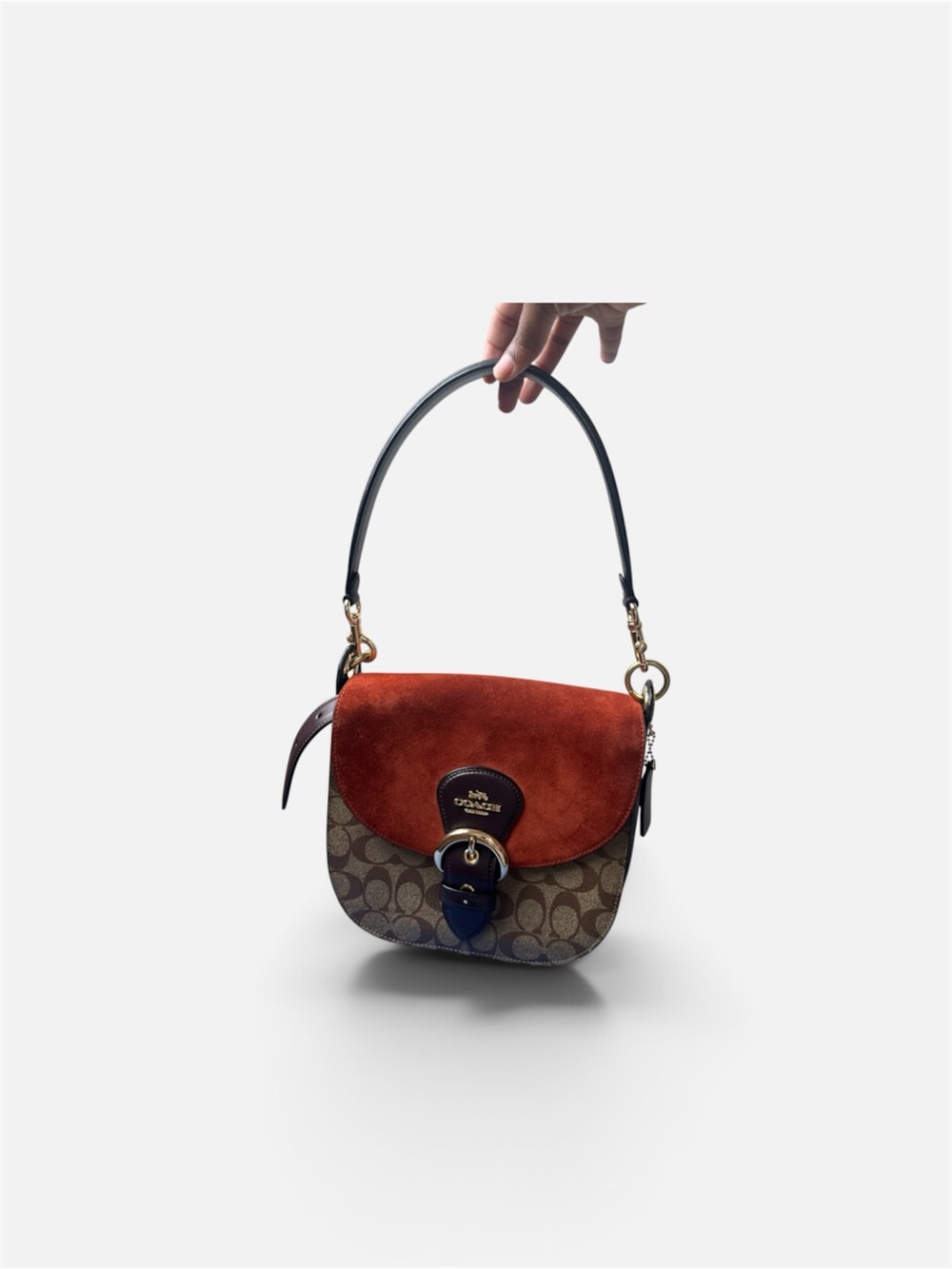 Coach Signature Canvas Shoulder Bag with Rust Suede Flap and Dark Brown Trim